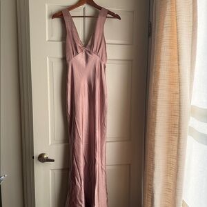 Dusty pink satin maxi dress with v neck and back.